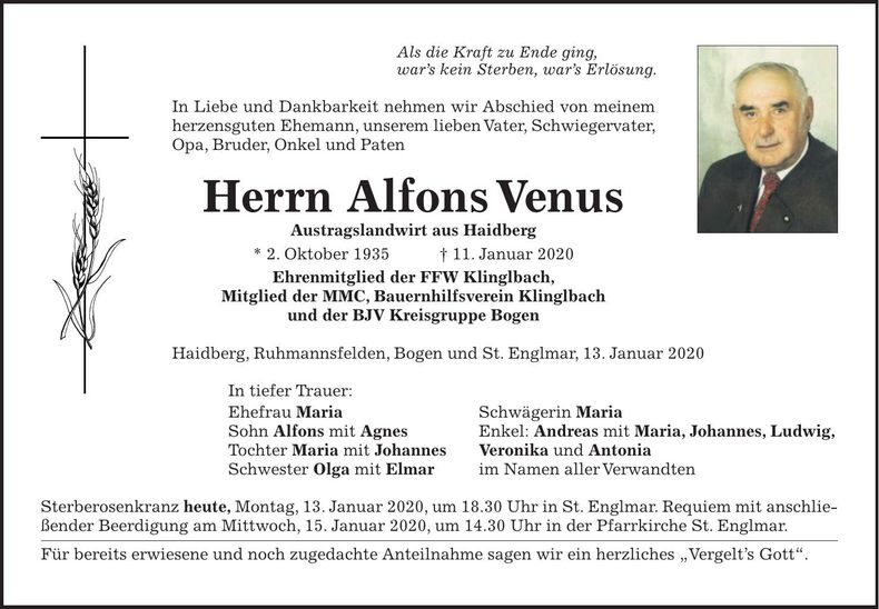 Traueranzeige Alfons Venus