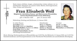 Traueranzeige Elisabeth Wolf