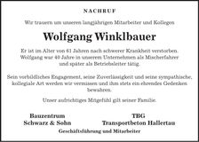 Traueranzeige Wolfgang Winklbauer