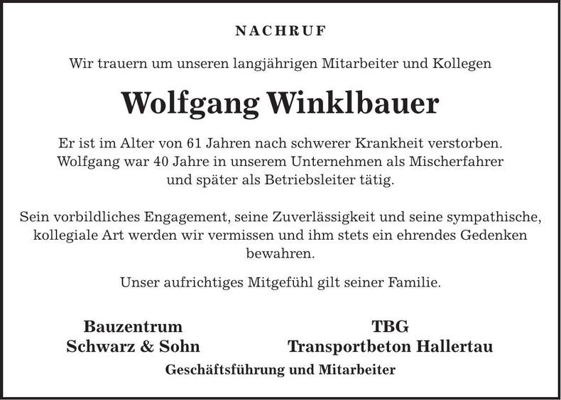 Traueranzeige Wolfgang Winklbauer