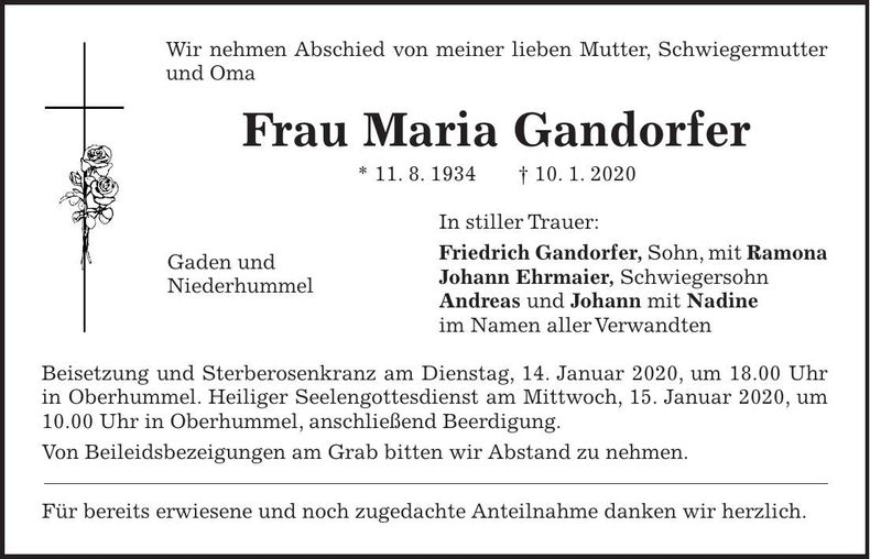 Traueranzeige Maria Gandorfer
