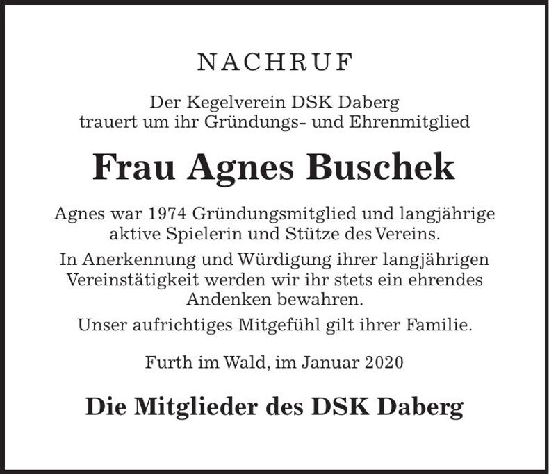 Traueranzeige Agnes Buschek