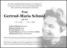 Traueranzeige Gertrud-Maria Schmid