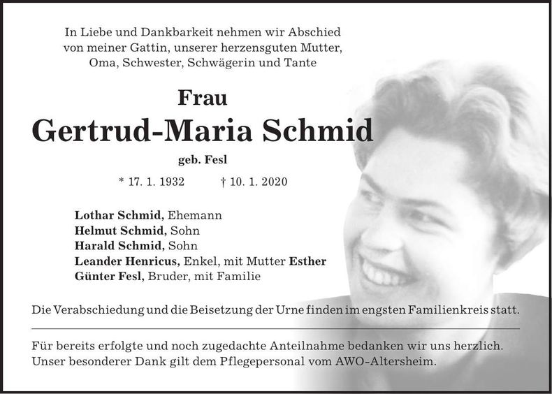 Traueranzeige Gertrud-Maria Schmid