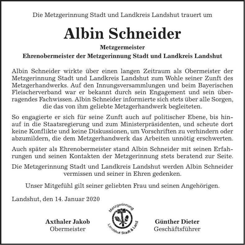 Traueranzeige Albin Schneider