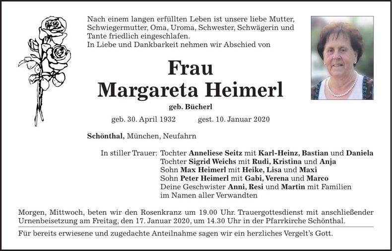 Traueranzeige Margareta Heimerl