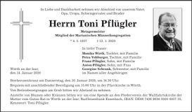 Traueranzeige Toni Pflügler