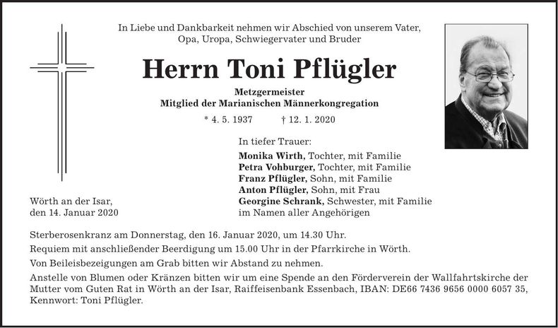 Traueranzeige Toni Pflügler