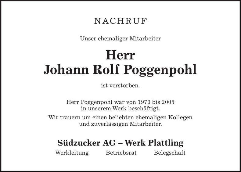 Traueranzeige Johann Rolf Poggenpohl