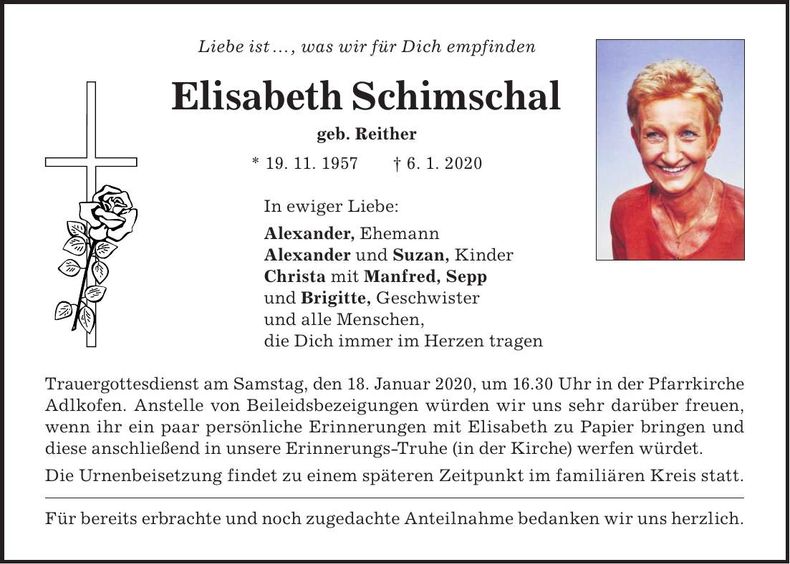 Traueranzeige Elisabeth Schimschal