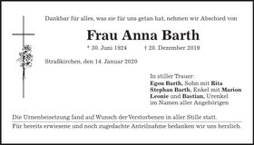 Traueranzeige Anna Barth