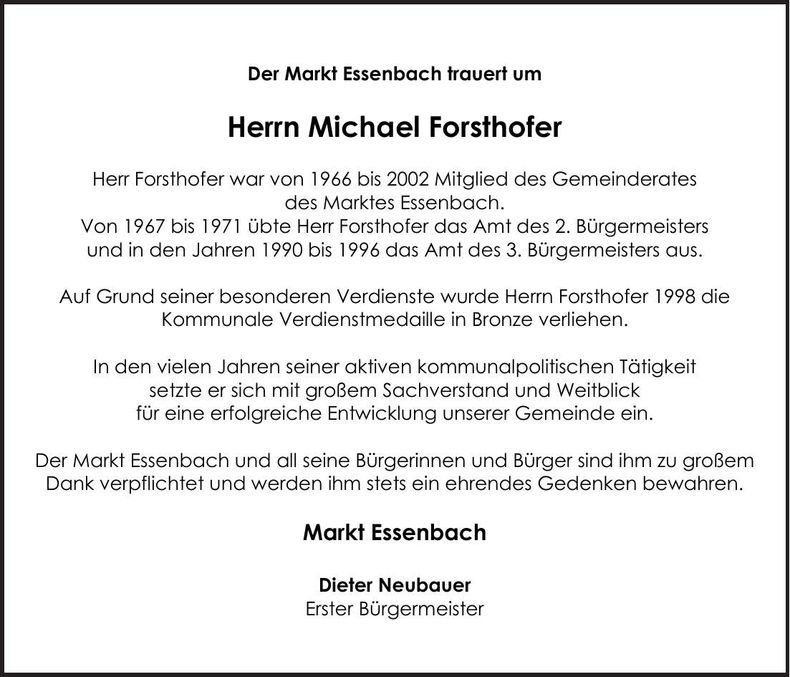 Traueranzeige Michael Forsthofer