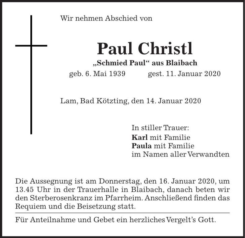 Traueranzeige Paul Christl