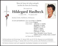 Traueranzeige Hildegard Haslbeck