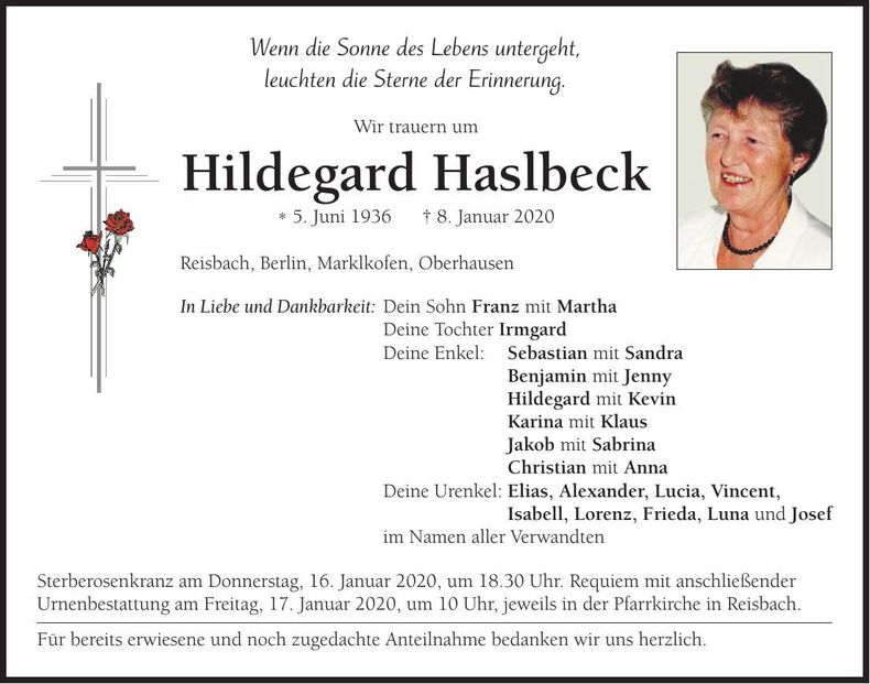 Traueranzeige Hildegard Haslbeck