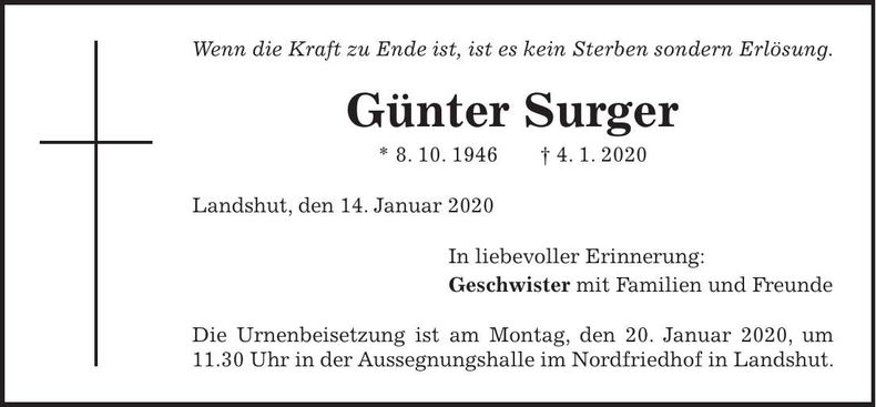 Traueranzeige Günter Surger