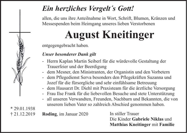 Traueranzeige August Kneitinger