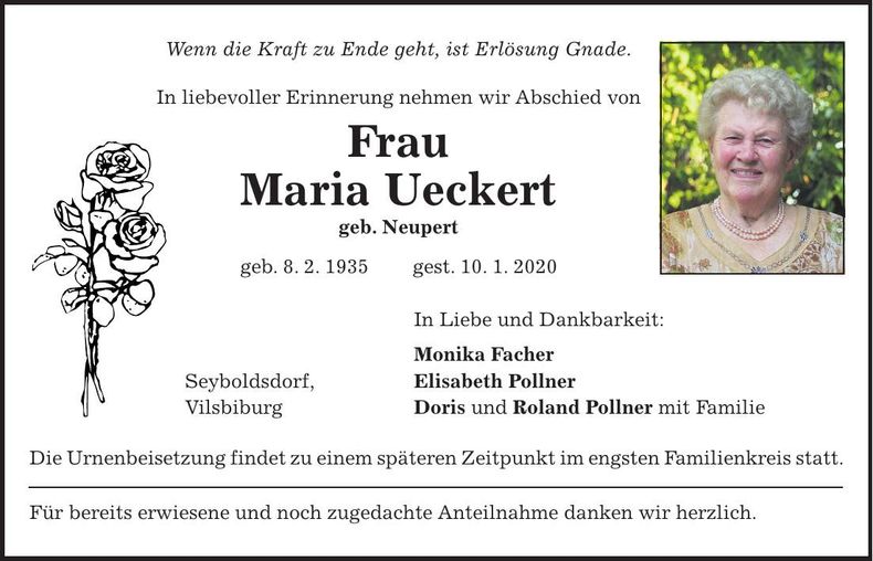 Traueranzeige Maria Ueckert
