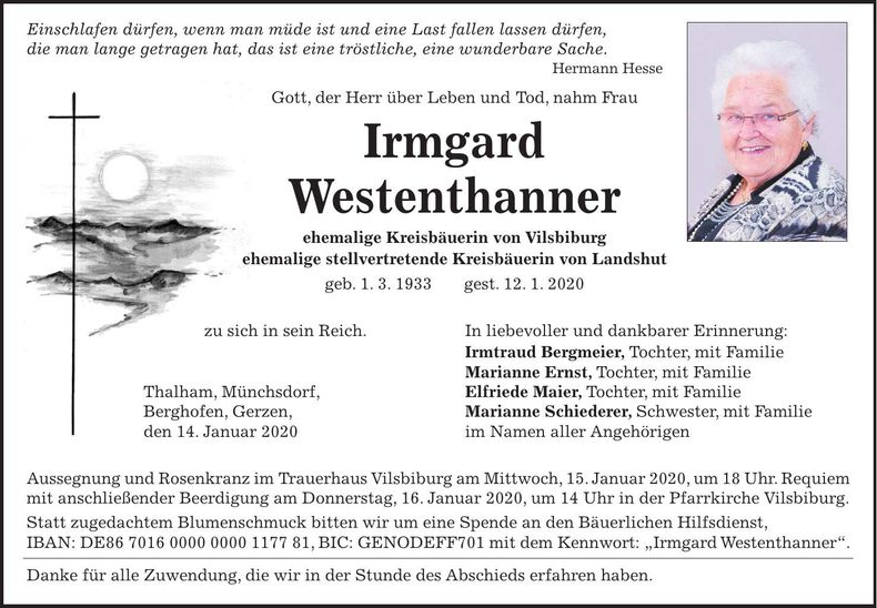 Traueranzeige Irmgard Westenthanner