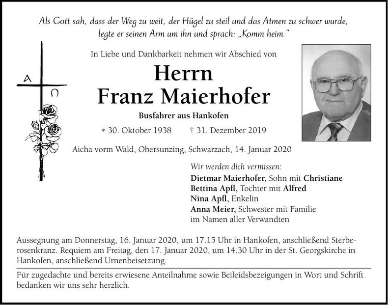 Traueranzeige Franz Maierhofer