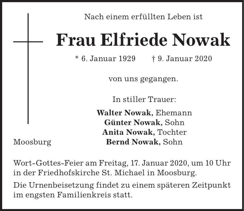 Traueranzeige Elfriede Nowak