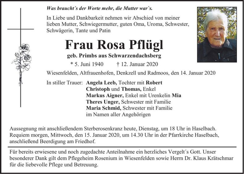 Traueranzeige Rosa Pflügl