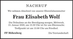 Traueranzeige Elisabeth Wolf