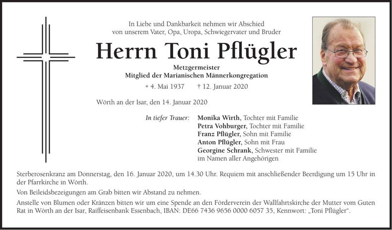 Traueranzeige Toni Pflügler