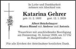 Traueranzeige Katarina Gehrer