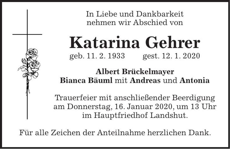 Traueranzeige Katarina Gehrer