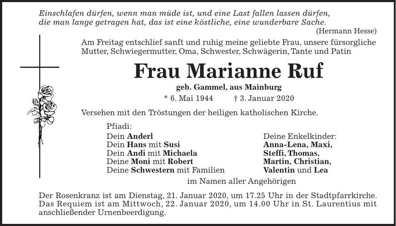 Traueranzeige Marianne Ruf