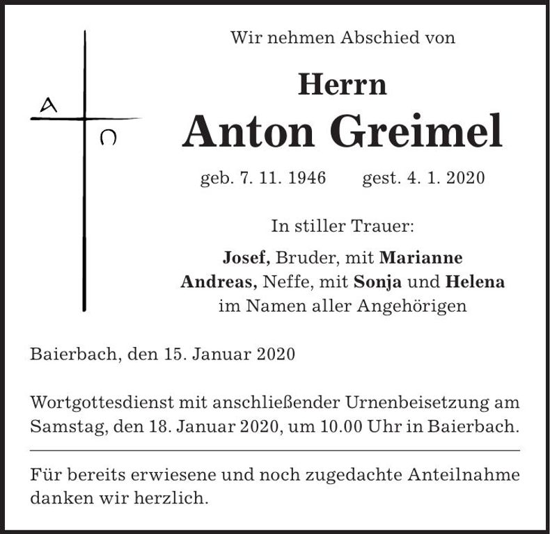 Traueranzeige Anton Greimel