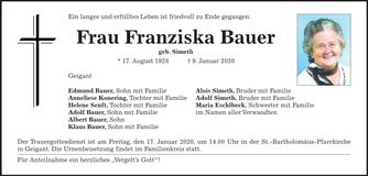Traueranzeige Franziska Bauer