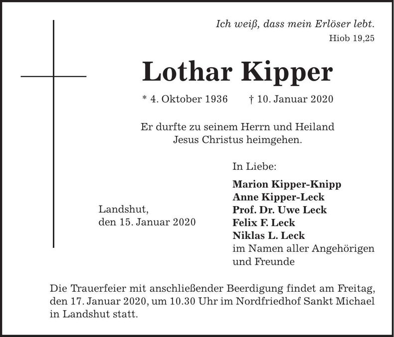 Traueranzeige Lothar Kipper