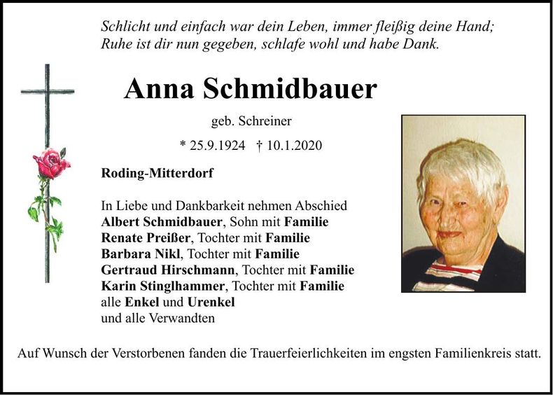 Traueranzeige Anna Schmidbauer