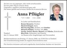 Traueranzeige Anna Pflügler