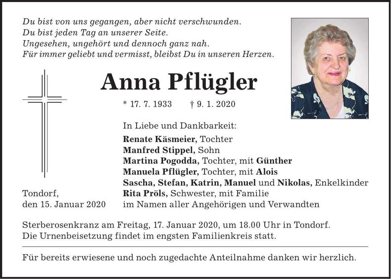 Traueranzeige Anna Pflügler