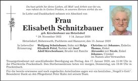 Traueranzeige Schnitzbauer Elisabeth