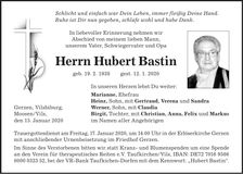 Traueranzeige Hubert Bastin