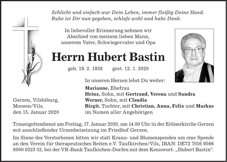 Traueranzeige Hubert Bastin