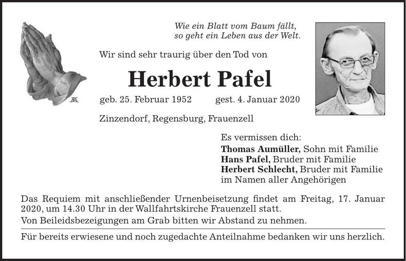 Traueranzeige Herbert Pafel