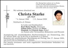 Traueranzeige Christa Starke