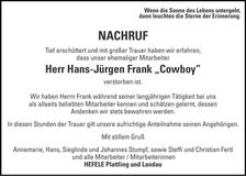 Traueranzeige Hans-Jürgen Frank