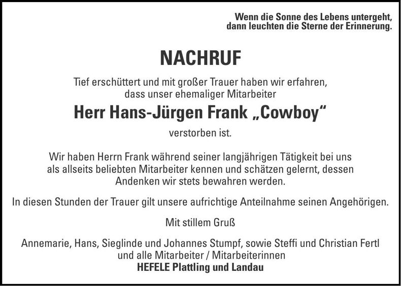 Traueranzeige Hans-Jürgen Frank