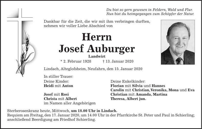 Traueranzeige Josef Auburger