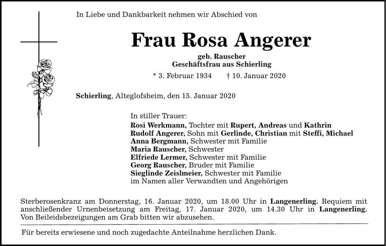 Traueranzeige Rosa Angerer