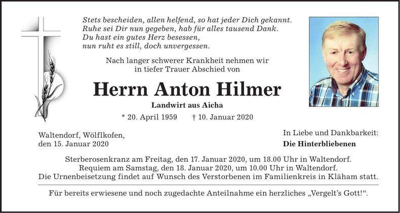 Traueranzeige Anton Hilmer