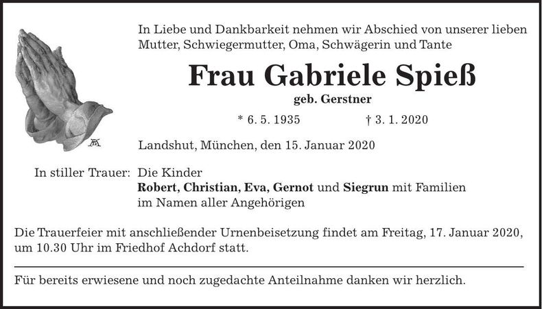 Traueranzeige Gabriele Spieß