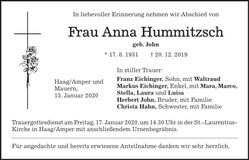 Traueranzeige Anna Hummitzsch
