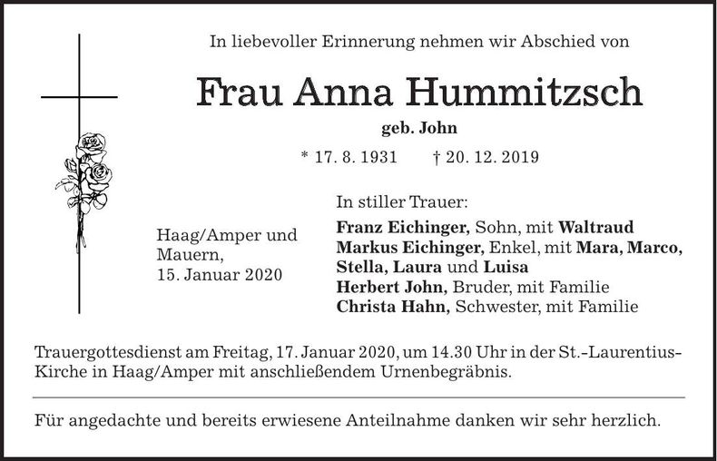 Traueranzeige Anna Hummitzsch